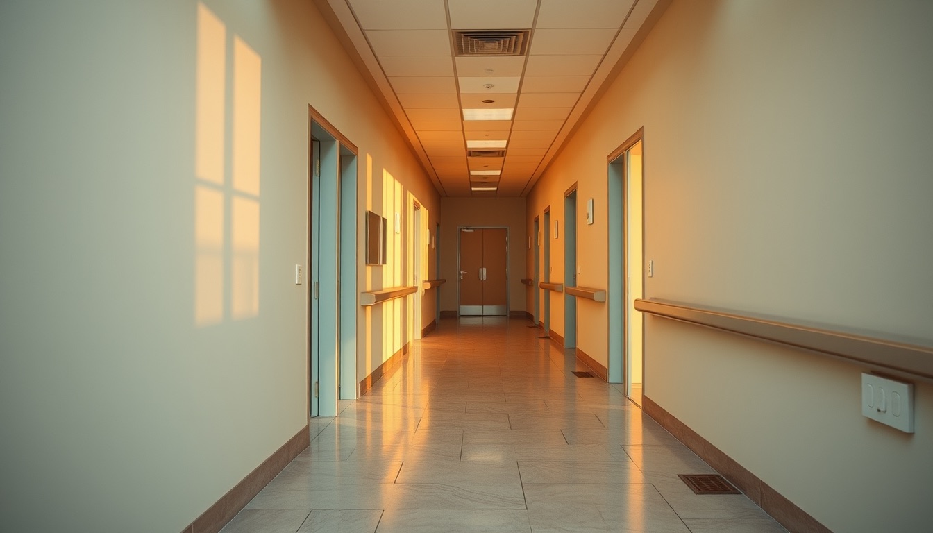 Pasillo de clinica dental tranquilo a la hora dorada